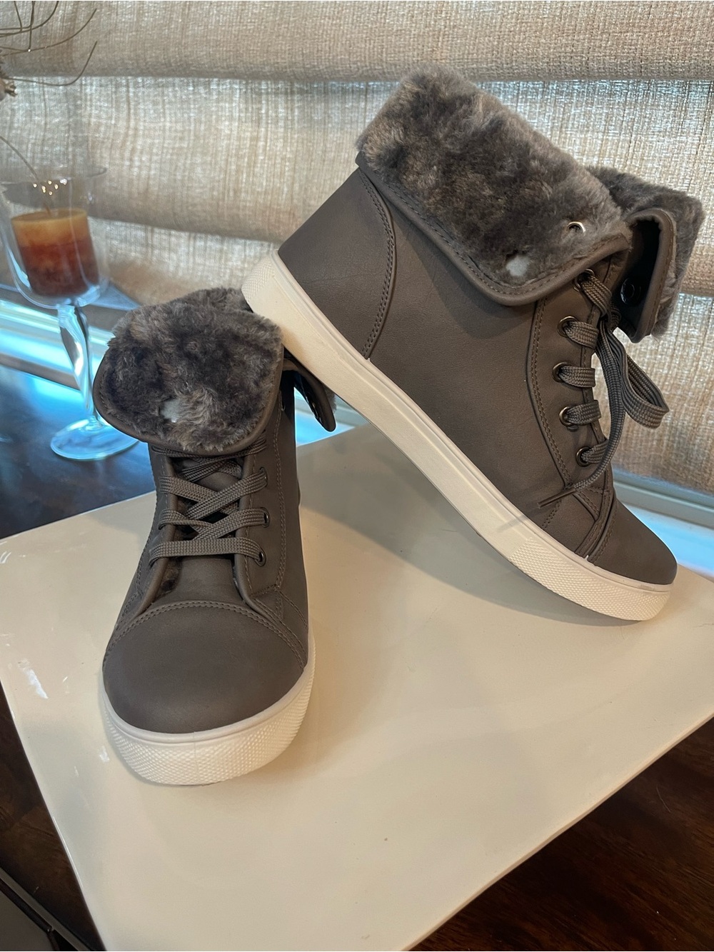 Women’s Gray Faux-Fur High-Top Sneakers